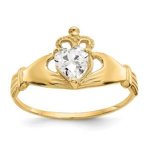 14k Gold Genuine CZ April Birthstone Claddagh Heart Ring, Size 7